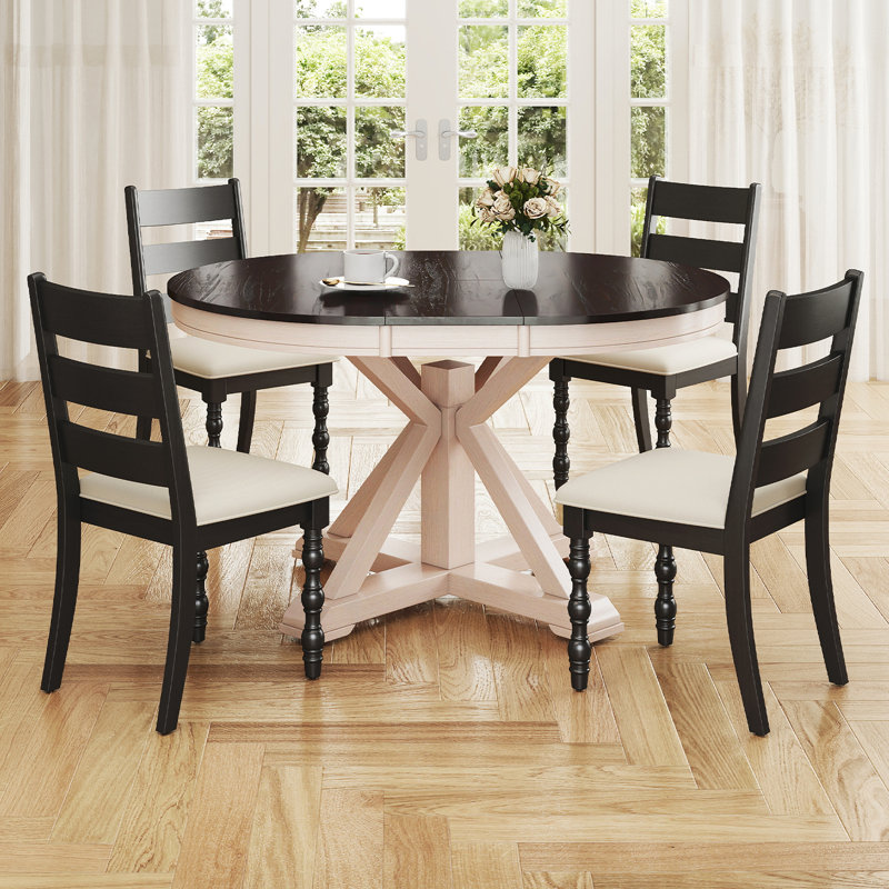 5-Piece 42'' To 54'' Round And Oval Extendable Mid-Century Rustic   Dining Set With Upholstered Ladder Back Chairs, Farmhouse Kitchen Table Set, Fit For 4 People