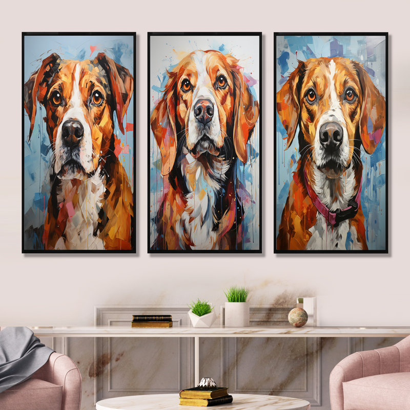 Beagle Bliss - Ensemble de 4 décorations murales pour chien, H 28 po x l 36 po, Cadre flottant noir