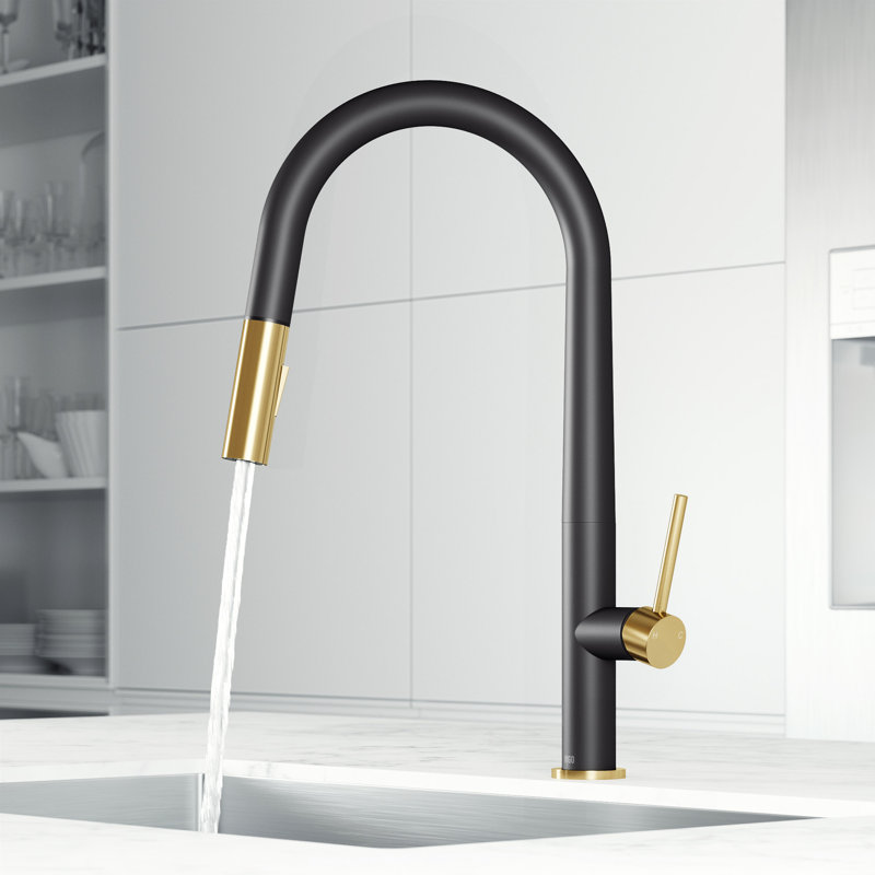 Greenwich 18" H 1-handle Pull-Down 2-Function Sprayer Kitchen Faucet, Matte Black/Matte Brushed Gold