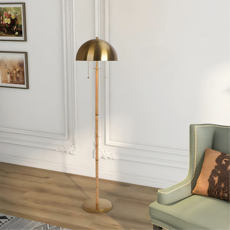 2-Light Floor Lamp, Gold Brass, Natural Rattan Tube , Double On/Off Pull Chain