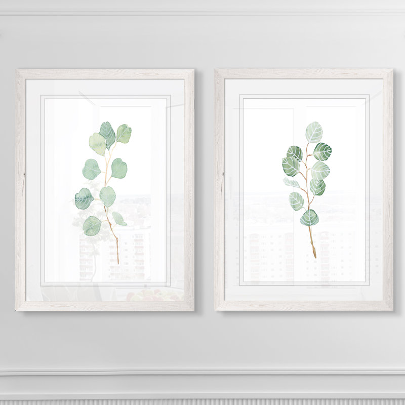 «Soft Eucalyptus Branch III» par Vincent Van Gogh - ensemble de 2 reproductions d'art encadrées, Papier avec cadre blanc
