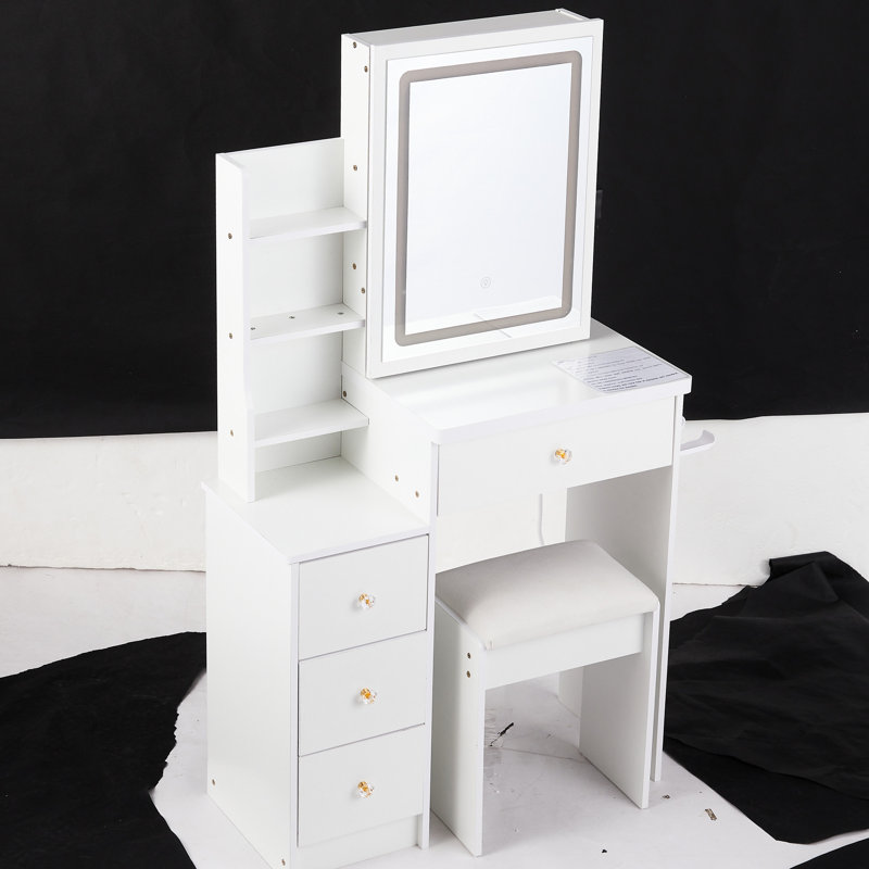 Left Side Bedside Cabinet Vanity Table With Cushioned Stool, Extra Large Sliding Led Mirror, 2 Ac And Sockets, 3-Color Switchable Lighting, White Small Comfortable Padded Extraordinarily Massive