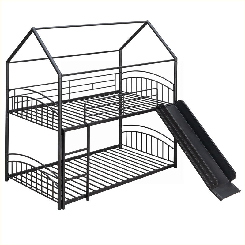 Lit superposé simple au-dessus d'un lit simple en métal noir profond pour chambre d'enfant, maisonnette convertible avec glissoire attachée