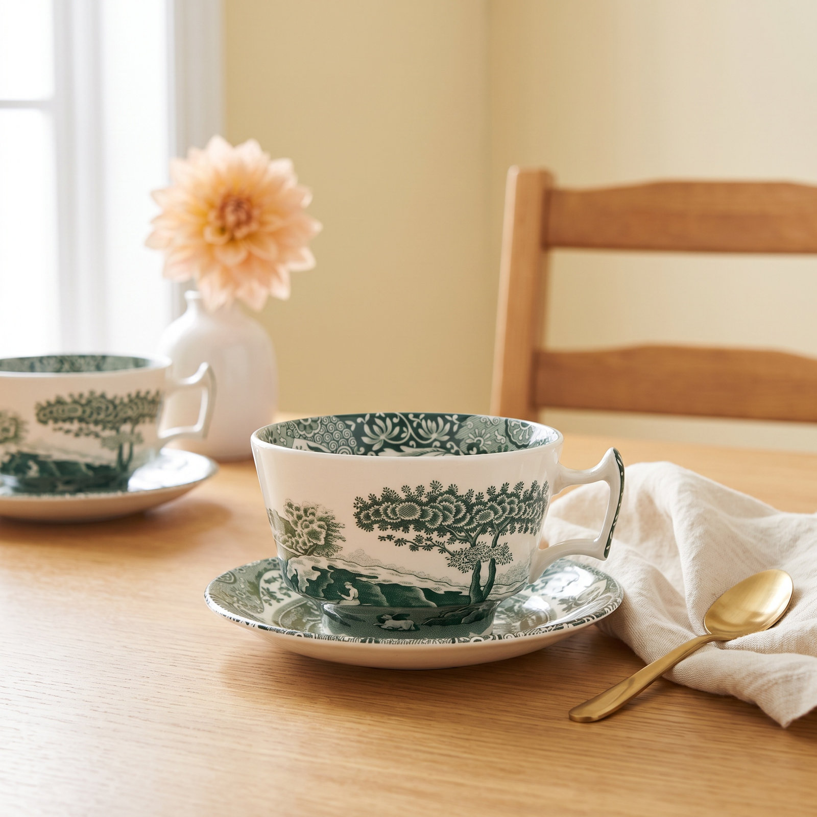 Heritage Green Italian 10 Oz. Breakfast Cups & Saucers, Set of 4