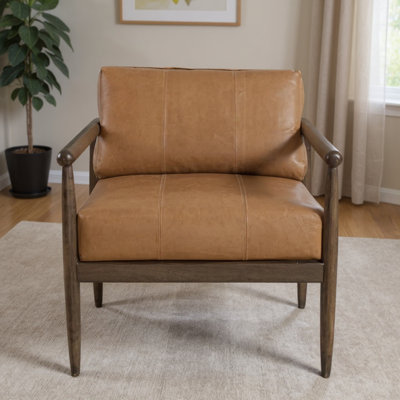 Fauteuil 28 po en cuir véritable brun et bois massif