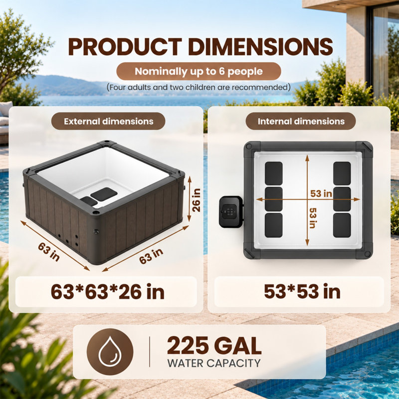 63" Square 4–6 Person Outdoor Hot Tub Spa, 225 Gallon, Heavy-Duty Wood-Plastic & Aluminum Build, with Detachable Wireless Control Panel, Multi-Color LED Light, 4 Headrests, 6 Ground Mats & Insulated Cover — Dark Wood Grain