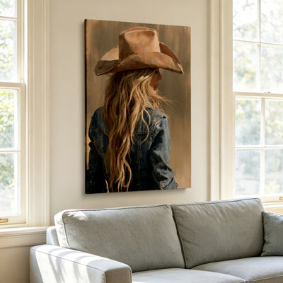 Vintage Rustic Western Cowgirl Hat Denim Jacket Blonde Woman Figure Painting Wall Art Graphic Print 18x12 Inch - Living Room Bedroom Decor