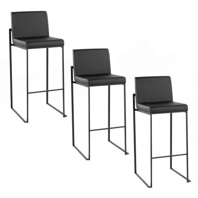Fuji 30" Contemporary High Back Barstool In Black Steel And Black Faux Leather By Lumisource - Set Of 3