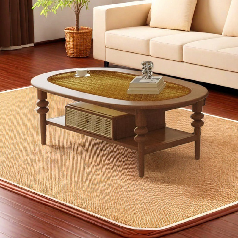 Table basse rétro en bois massif avec tiroir en osier