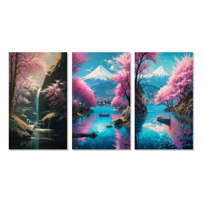 «Cherry Blossom Stream», 3 pièces sur toile, Toile tendue, H 28 po x l 36 po
