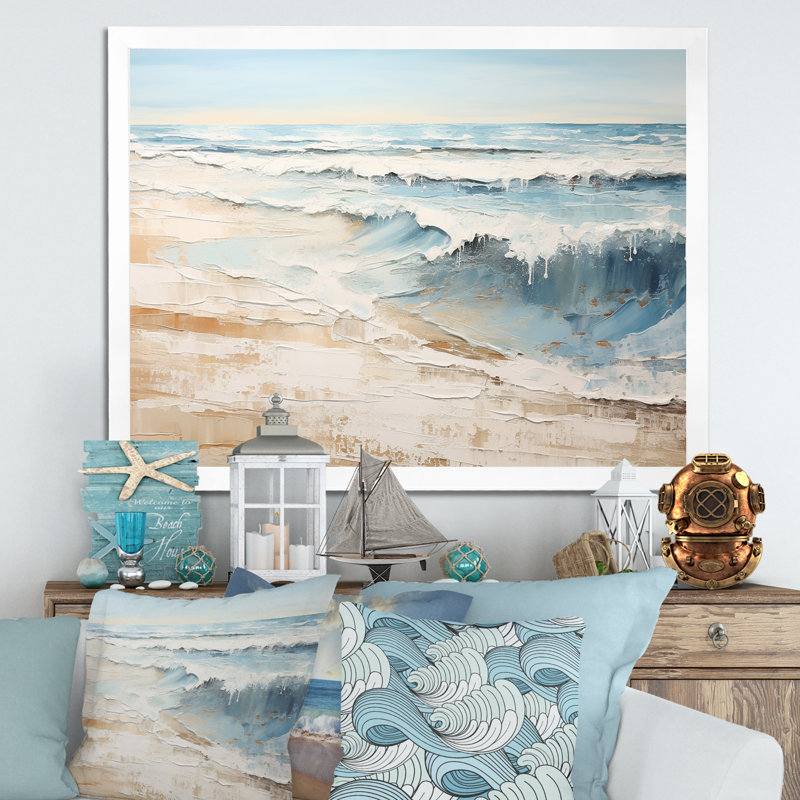 «Golden and Blue Beach Tranquility I» - art mural plage côtière, Cadre photo blanc, H 12 po x l 20 po x P 1 po