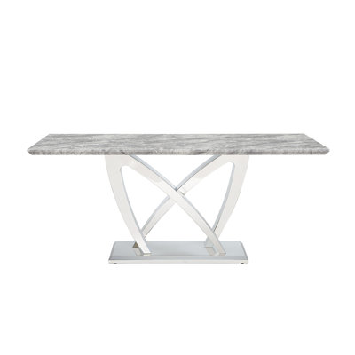 Table de salle à manger en marbre exquis de 70 po avec base en acier inoxydable et bords polis, idéale pour les cuisines contemporaines
