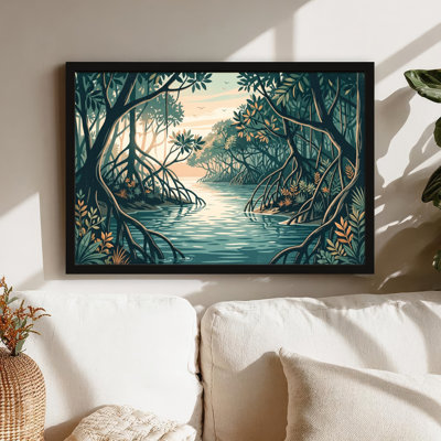 Art mural sur toile noir encadré pour le salon, la chambre à coucher, le bureau ou le vestibule - décoration murale décorative avec rivière Mangrove