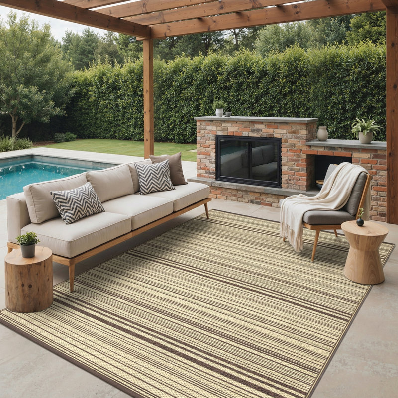 Shimeek Striped Outdoor Area Rug, Waterproof Plastic Outdoor Mat, Coffee&Beige,Rectangle 5' x 8', Rectangle 5' x 8'