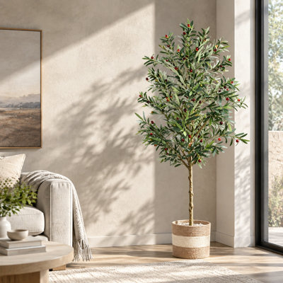 Olivier artificiel de 213 cm de haut avec feuilles et olives réalistes, plante artificielle avec pot et panier pour la maison, le bureau et le salon