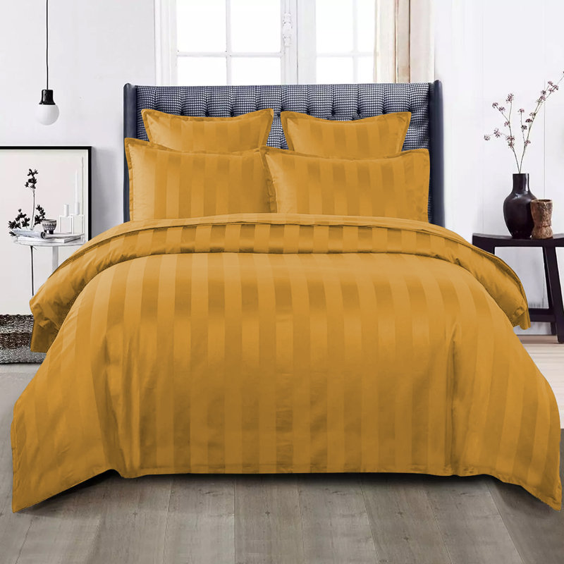 Renze Microfiber 250 TC Reversible Stripe Duvet Cover Set with Pillowcases, Ochre, King Duvet Cover + 2 Standard  Pillowcases