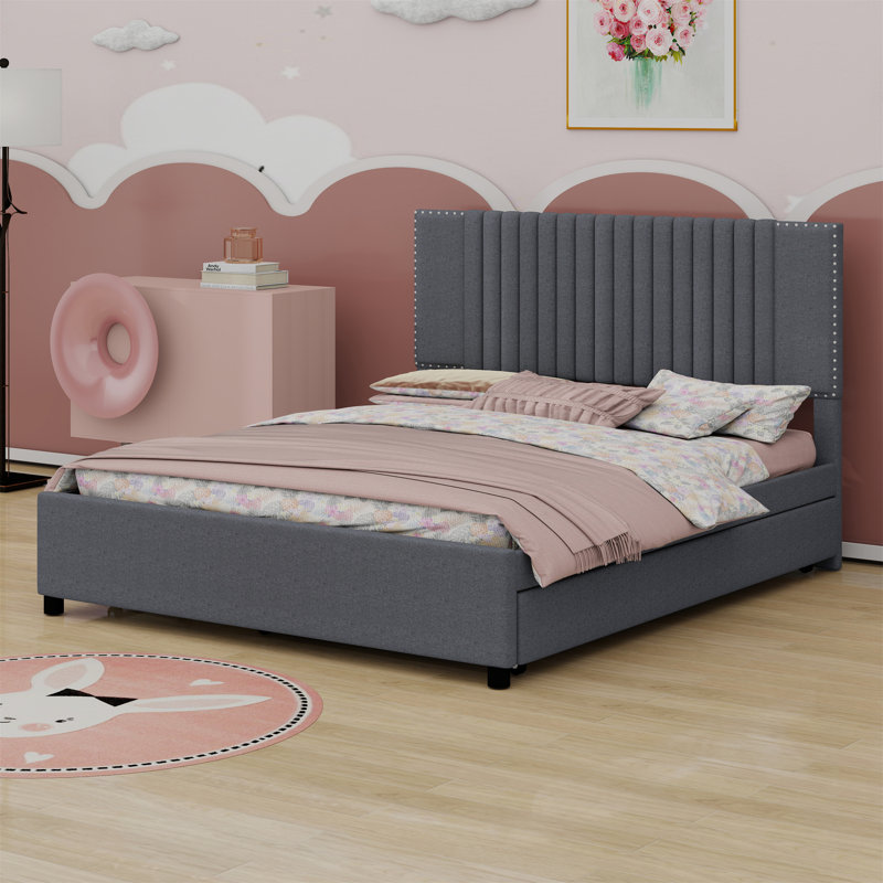 Lit plateforme tapissier avec 2 tiroirs et lit gigogne, tête de lit classique, Gris, Grand