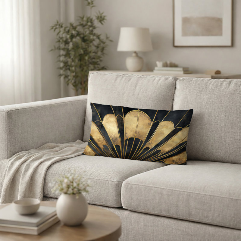 Coussin décoratif géométrique à motif d'éventail doré - Coussin à motifs géométriques, H 12 po x l 20 po