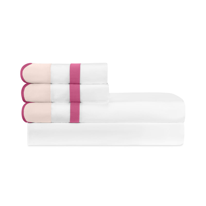 Portofino 300 Thread Count Standard Cotton Sateen Sheet Set, White/Light Pink/Bright Pink, King Sheet Set + 2 Pillowcases