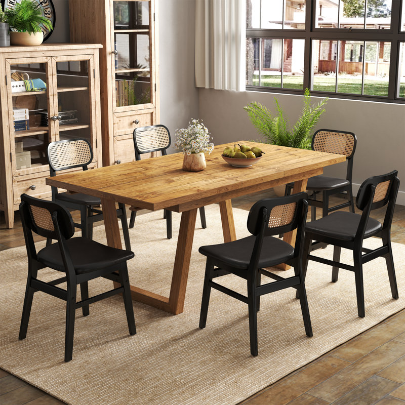 Farmhouse Dining Table Set, Solid Wood Extendable Dining Table And Rattan Back Dining Chair For Dining Room/Kitchen/Living Room