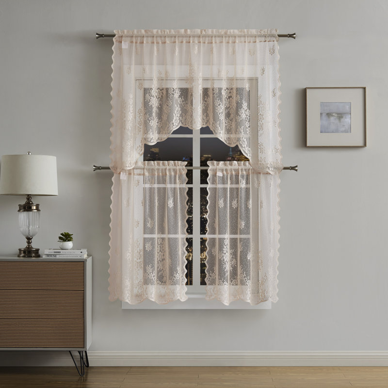 3 Piece Linen Flower Kitchen Window Curtains Bundle Includes 2 36 Inch Tiers & Valance, Linen