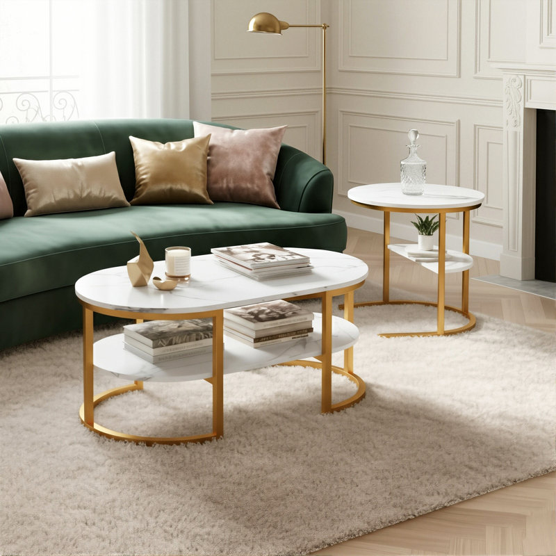 80Cm Modular Coffee Table Set (Set Of 2), Interlocking Round Side Table & Oval Table With Shelf,, Gold