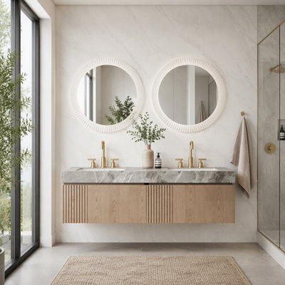 Meuble-lavabo de salle de bain, rangement flottant avec 2 tiroirs et portes, plateau en pierre frittée et 2 lavabos en céramique, pré-assemblé, grain de bois Heidelberg