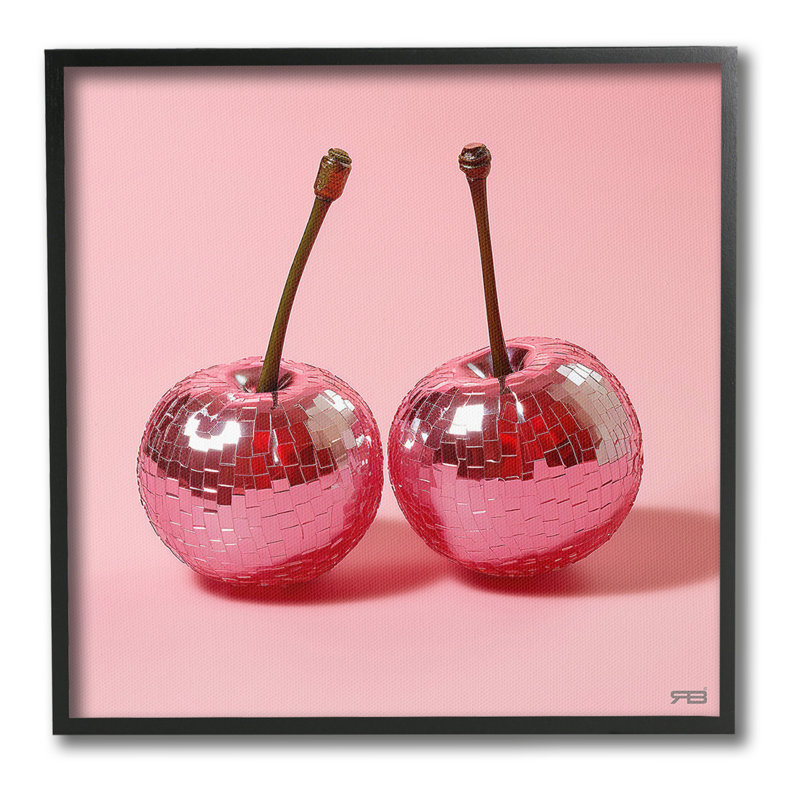 "Cadre photo simple cerises réfléchissantes sur rose" par RB sur toile, H 24 po x l 24 po, Giclée encadrée noir minuit