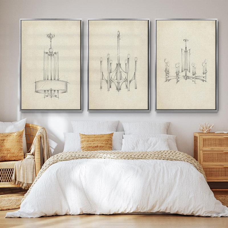 Ensemble de 3 pièces Mid-Century Chandelier I encadré sur toile, Argent, H 40 po x l 78 po