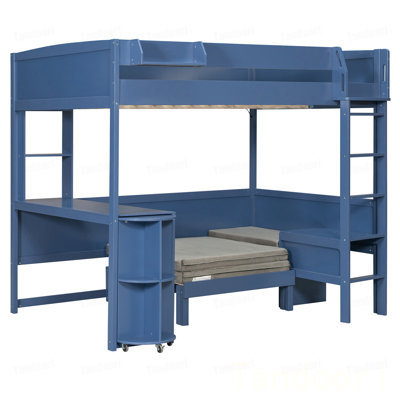 Lit mezzanine double en bois avec bureau, tablette de rangement de chevet, canapé et lumière