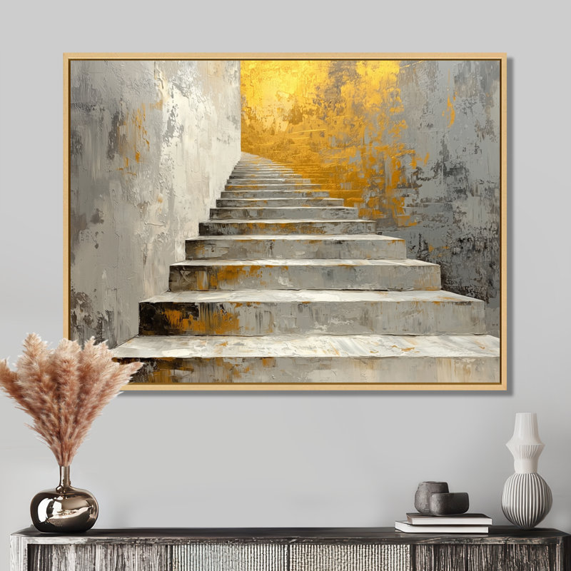 «Urban Silence Stairs To Heaven II», art mural futuriste, H 12 po x l 20 po, Impression encadrée flottante, Crème, crème