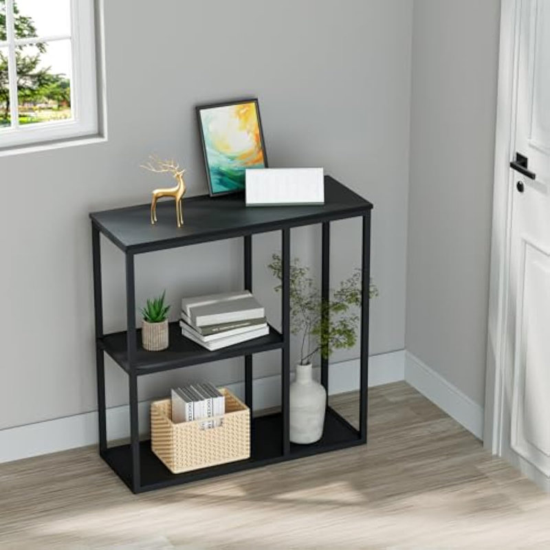 Black Metal Industrial Console Table with 3-Tier Storage