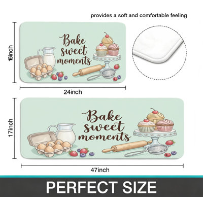 Set of 2 Mint Green Bake Sweet Moments Baking Graphic Kitchen Floor Mats, Baking Kitchen Breakfast Nook