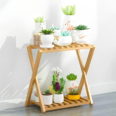 Bamboo Plant Stand Indoor/Outdoor 2 Tier Household Narrow Plant Rack by Rebrilliant