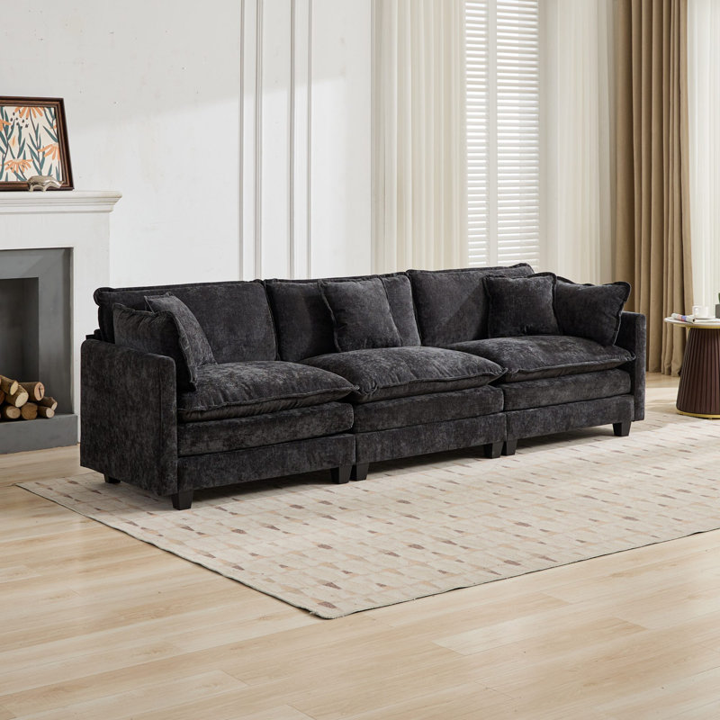 Kismet  Modern Sectional With Chenille Fabric And Double-Layer Cushions, Black Chenille