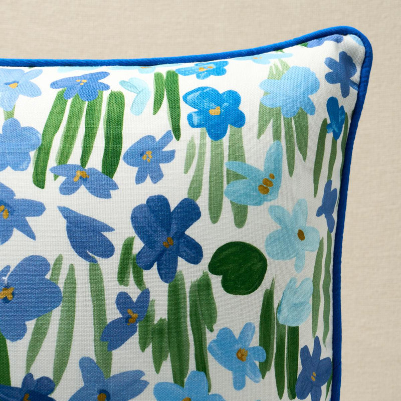 Schumacher X Studio Bon Meadow Button Pillow, Blue Floral