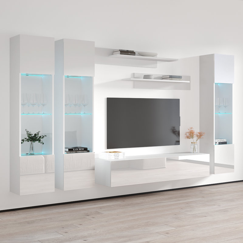 Meuble audio-vidéo mural flottant moderne de 120 po avec éclairage à DEL 16 couleurs Narberth, blanc