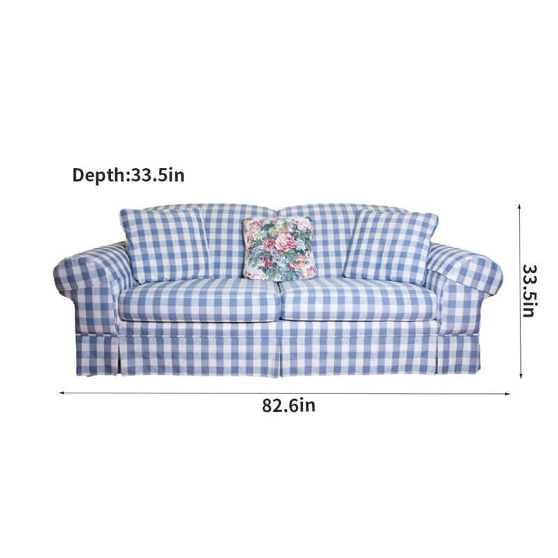 Simple Blue And White Plaid Sofa Upholstered 82.6'' Sofa