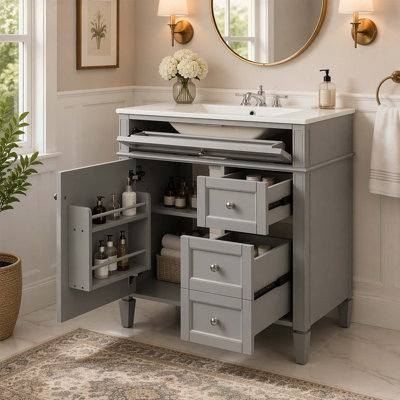 Meuble-lavabo moderne de 76 cm (30 po) avec lavabo supérieur, grand espace de rangement et design élégant pour une utilisation efficace de l'espace.