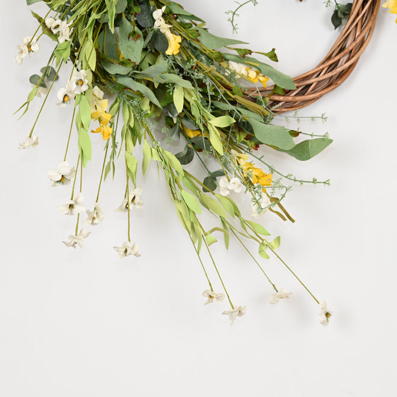 Couronne de fleurs artificielle 24 "à demi-anneau avec baies et feuilles de fleurs sauvages pour porte d'entrée, Vert/blanc