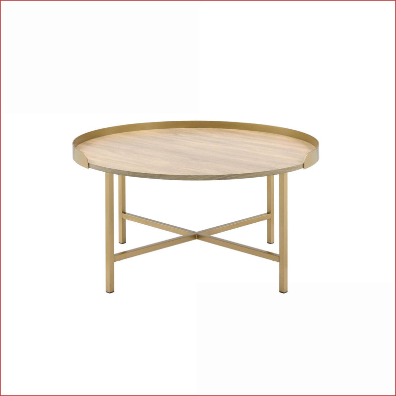 Chêne contemporain Table basse ronde dorée avec plateau et amp; Base en métal robuste pour le salon