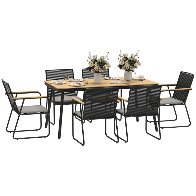 6 - Person Patio Dining Set with Rectangular Table , Cushions Included, Nature Wood Finish