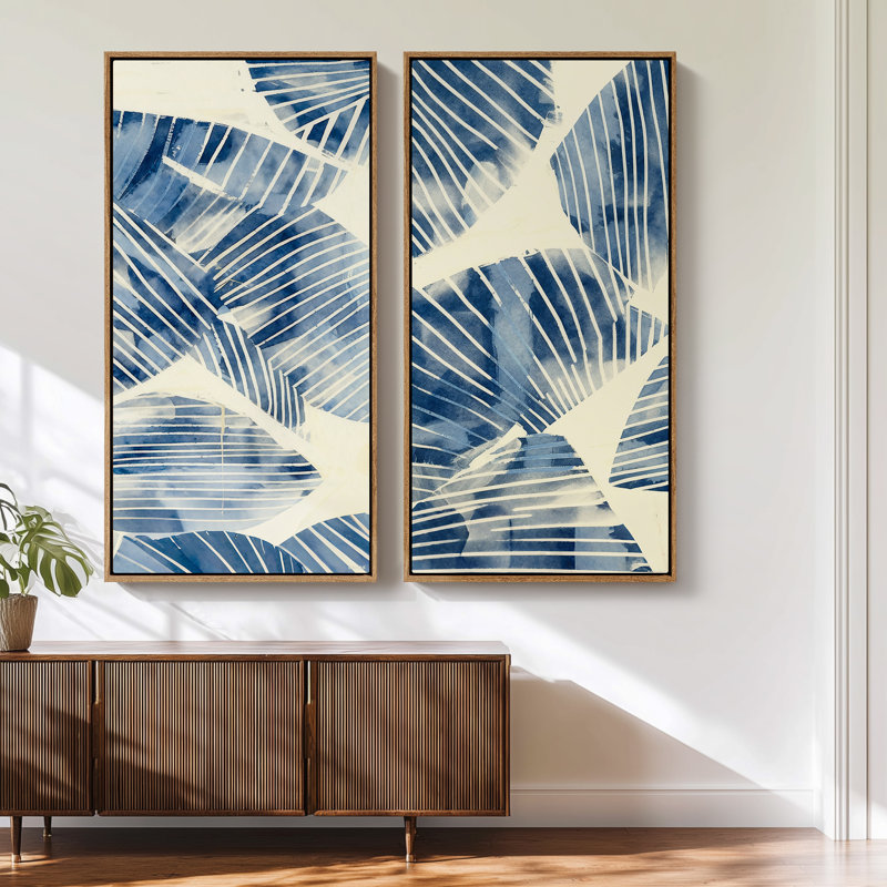 Large Framed Canvas Wall Art Set - Blue Botanical Leaf Modern Indigo Watercolor Beach House Prints 60"x30"x2pcs, Natural