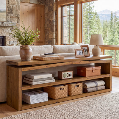 63" Solid Wood Console Table, Rustic Sofa Table with 3-Tier Open Storage