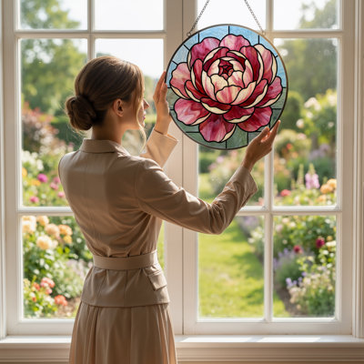 12"H Rose Flower Stained Glass Window Panel