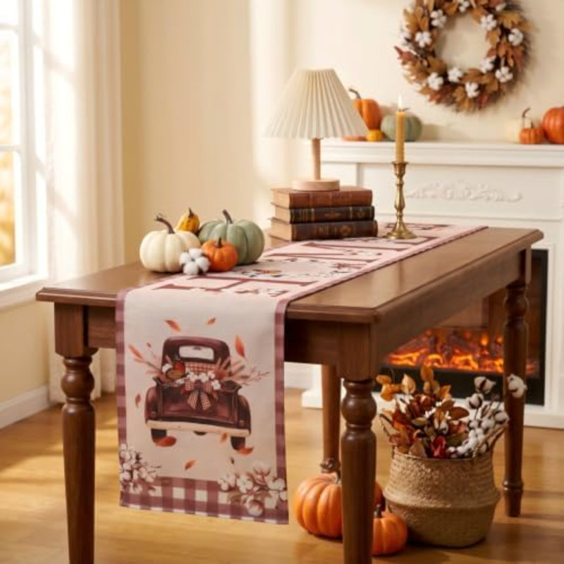Fall Linen Table Runner 13x72, Vintage Truck Farmhouse Harvest Dining Décor