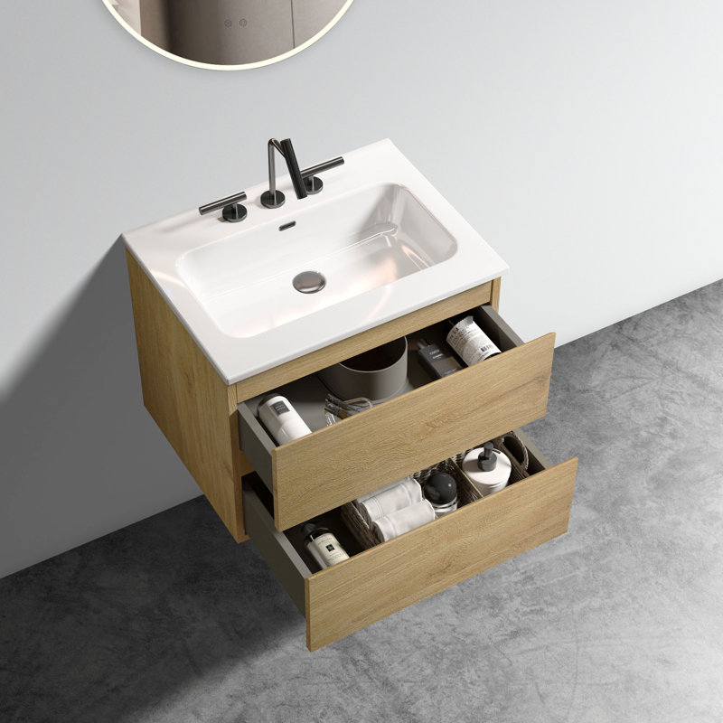 Modern Bathroom Sink Vanity Natural Oak - 24", Ceramic Basin, Silent Drawer Scarce 24" In Sink, Spacious Storage Area, Mechanism