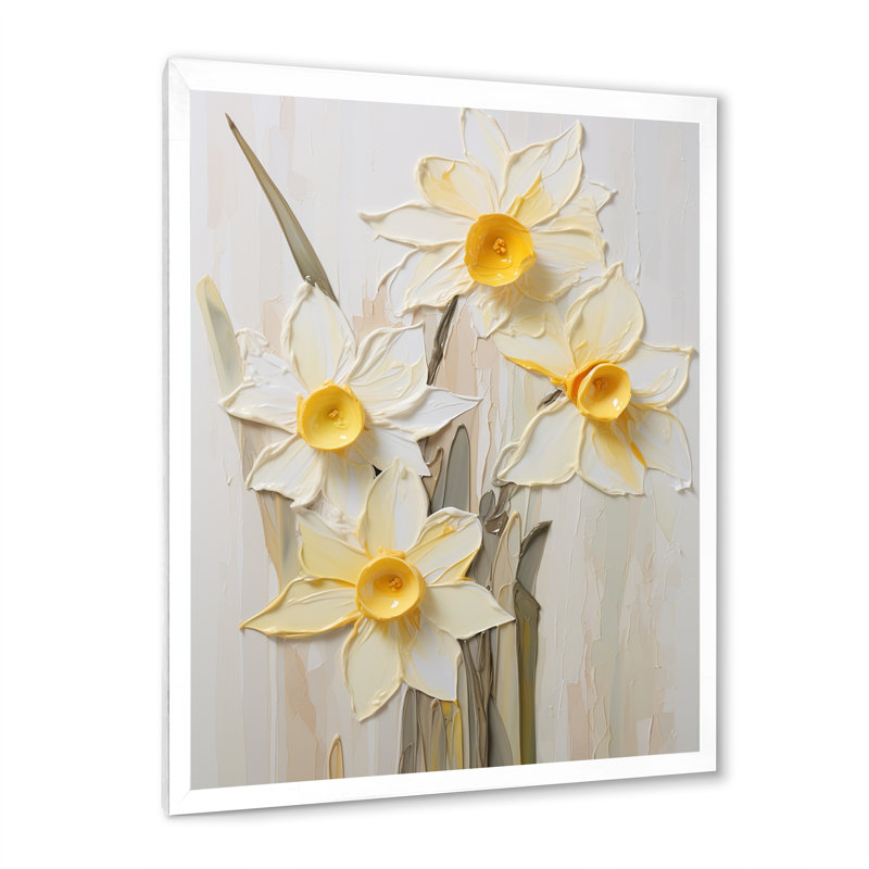 Minimalisme crème, jonquilles sur toile, Cadre simple argenté, H 44 po x l 34 po x P 1,5 po