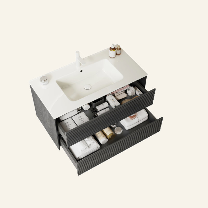 Meuble-lavabo de 36 po avec lavabo, armoire de rangement murale moderne en contreplaqué flottant avec 2 tiroirs, lavabo en céramique blanc avec couvercle et drain, pré-assemblé