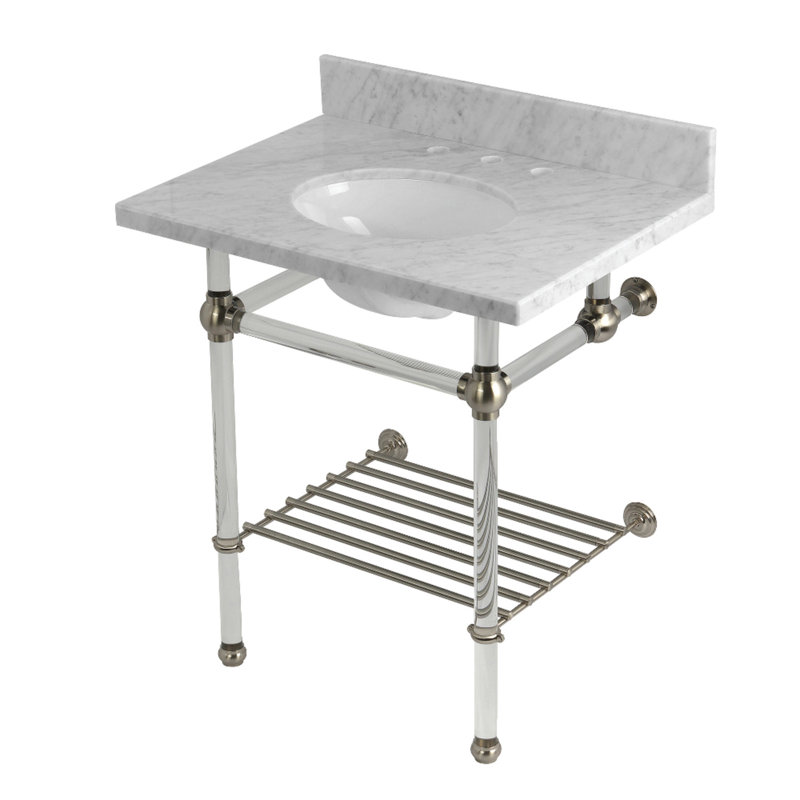 Kingston Brass Templeton 30-Inch Carrara Marble Console Sink with Acrylic Legs and Shelf (8-Inch, 3-Hole)